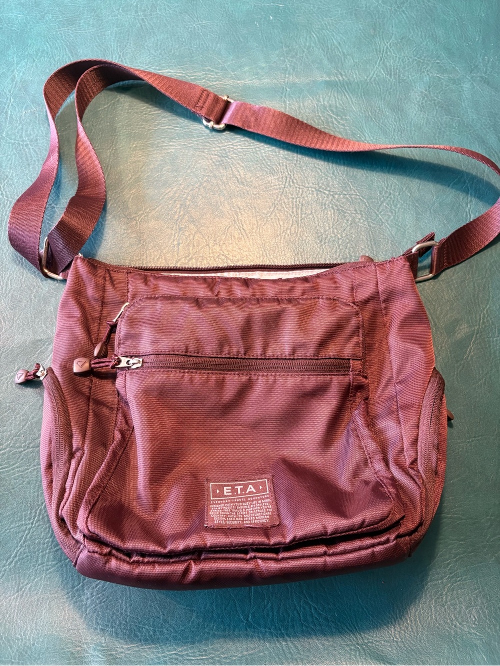 ETA Burgundy Nylon Crossbody Bag Travel Purse with Front Zip Pockets
